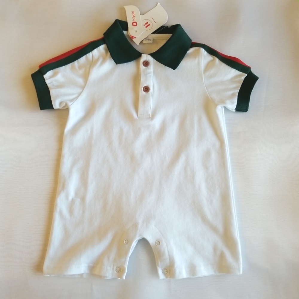 Unbranded White Polo Romper with Green Collar and Red Stripe - Kids